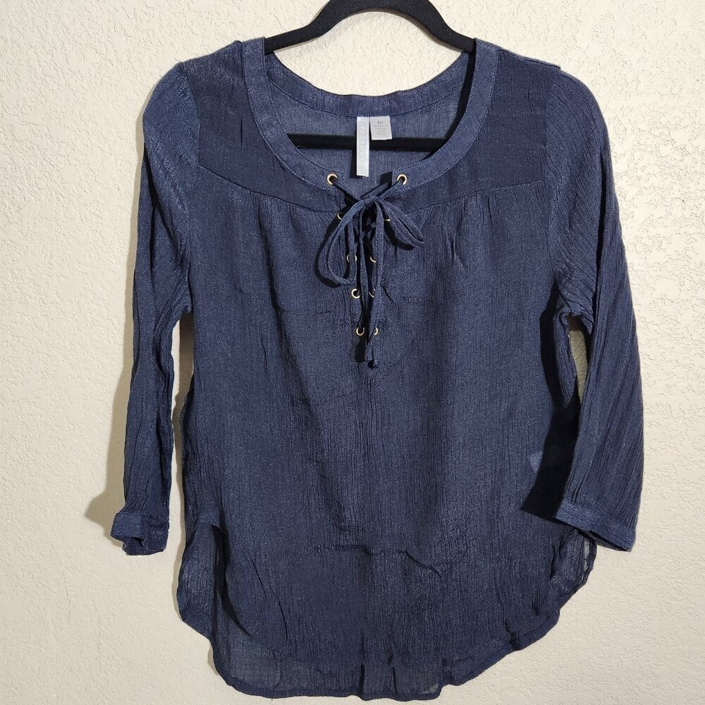 By Design Blouse Womens Medium Blue Lace Up Long Sleeve Tunic Lightweight Top